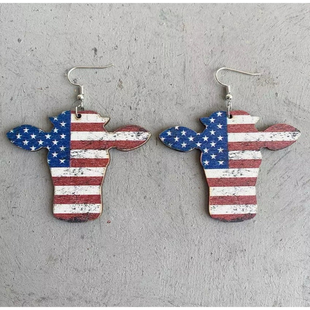 American‎ Flag Printed Wooden Cow Head Earrings Independence Day